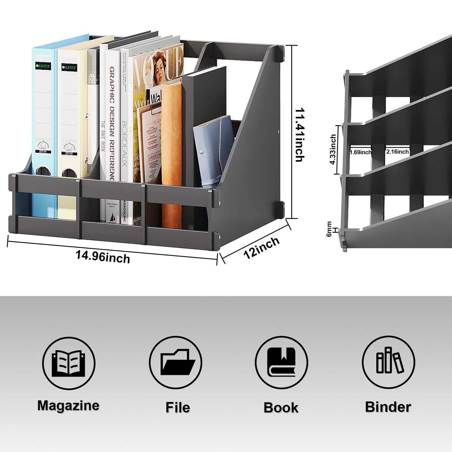 Bamboo Desktop Magazine Holder Desk File Organizer 3 Compartments Vertical File Dividers Book Holder Frames Document Cabinet Rack Storage Organizer Box for Home Office School Black (Black)