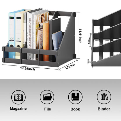 Bamboo Desktop Magazine Holder Desk File Organizer 3 Compartments Vertical File Dividers Book Holder Frames Document Cabinet Rack Storage Organizer Box for Home Office School Black (Black)
