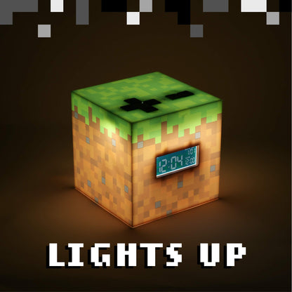 Paladone Licensed Minecraft Grass Block Digital Alarm Clock, Light Up Lamp Plays Official in Game Music, Bedroom Decor for Minecraft Gamers, Tweens and Kids - Minecraft Gift