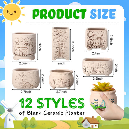 Hushee 12 Pcs Ceramic Succulent Planters White Ceramic Pots Paintable Succulent Plant Planters Containers Small DIY Figurines Unpainted Pots with Drainage Hole Paintbrushes Palettes(Windmill)