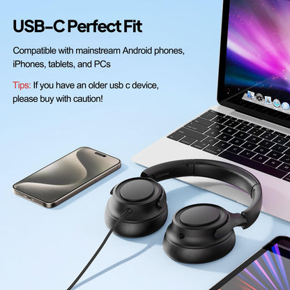 ADOOPE Wired Over-Ear Headphones with USB C Connector, Hi-Fi Stereo Sound, Noise-Isolating Ear Cups, Comfortable Fit for USB C Devices (No Bag, Black)