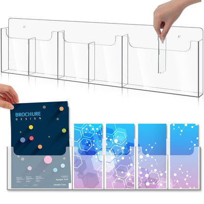 Sherr Acrylic Brochure Holder Wall Mount with Removable Adjustable Dividers, 6/ 3 Pockets Large Capacity Literature Display Stand for 4''x 9'',8.5''x11'' Pamphlets, 26.7''x7'' for Office Hotel Lobby