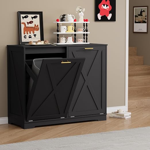 Double Tilt Out Trash Can Cabinet, Wooden Farmhouse Kitchen Garbage Bin Enclosure with Negative Ion Odor Control, Hidden Dog Proof Trash or Laundry Basket Storage for Laundry Room, Black