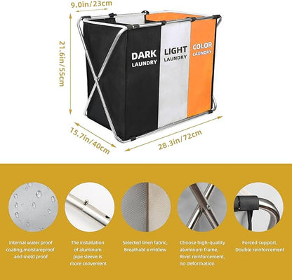 150L Laundry Cloth Hamper Sorter Basket Bin Foldable 3 Sections