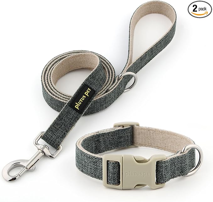 Plutus Pet Cotton Hemp Dog Collar and Leash Set, Adjustable Collar for Small, Medium, and Large Dogs, Heavy Duty and Soft on Skin, Gray, S