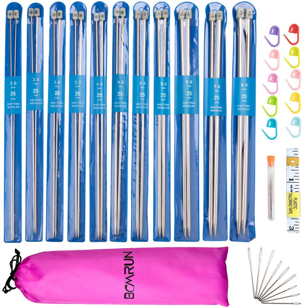 Knitting Needle Set, BCMRUN 22PCS 2mm(B)-8mm(L) Straight Single Pointed Stainless Steel Sweater Needles Set(11Pair-11 Size,9.8 inch) with Locking Stitch Makers Large-Eye Needles Measure Tape (25CM)