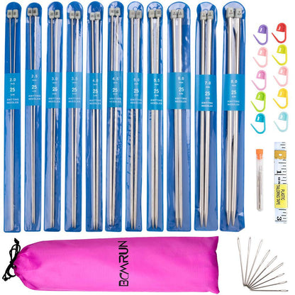 Knitting Needle Set, BCMRUN 22PCS 2mm(B)-8mm(L) Straight Single Pointed Stainless Steel Sweater Needles Set(11Pair-11 Size,9.8 inch) with Locking Stitch Makers Large-Eye Needles Measure Tape (25CM)