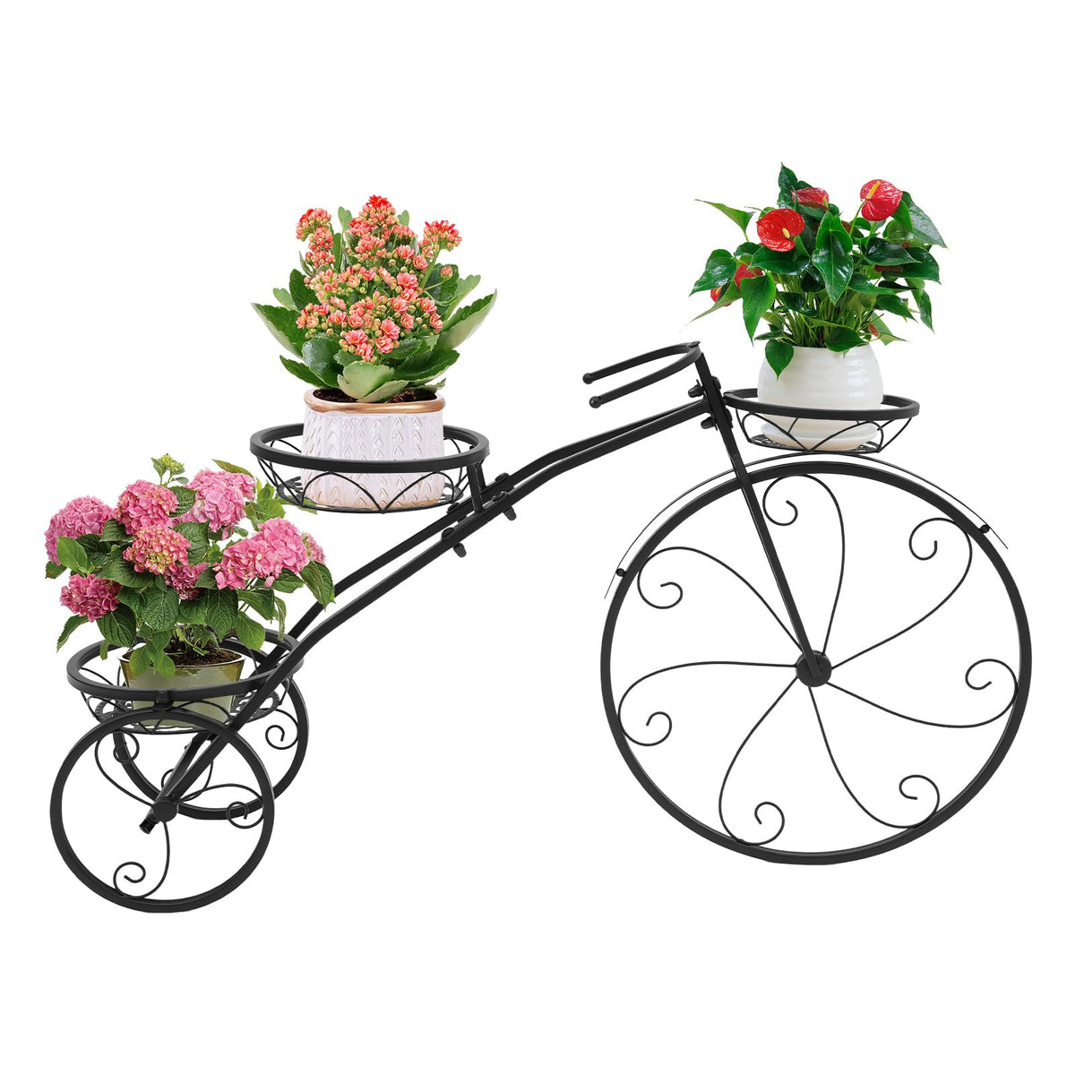GQWQNIO Metal Bicycle Planter, 3 Tier Tricycle Flower Plant Stand with 3 Decorative Wheels, Garden Decor for Indoor Outdoor Patio Yard (Black)