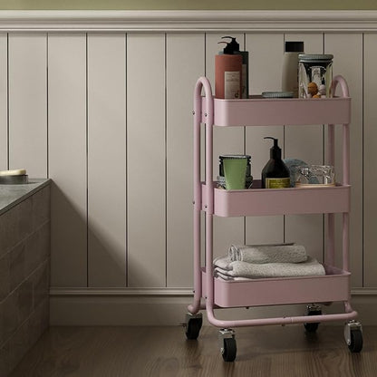 Metal Rolling Cart,3-Tier Pink Rolling Cart with Wheels,Metal Utility Cart with Wheels for Office,Home,Kitchen,Garden（13.4"x18.1"x31"） Pink
