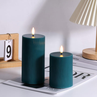 Girimax Green Ribbed Flameless Pillar Candles with Remote, 2 Pack Flickering Battery Operated LED Wax Candles Φ 3" H 4" 6"
