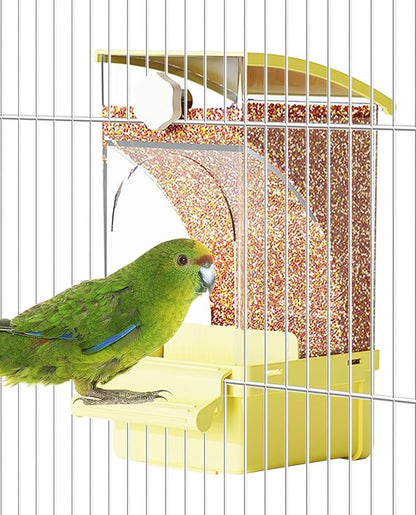 BNOSDM No Mess Bird Feeder Transparent Automatic Bird Cage Feeder with Perch Acrylic Parrot Food Container Parakeet Cage Accessories for Parakeets, Budgies, Cockatiel, Finch, Canary, Lovebird (Yellow)