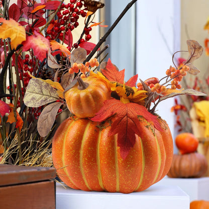 12 Inch Artificial Pumpkins Large Fake Pumpkin Decor Plastic Pumpkins Decorative with Sunflower Maple Leaf Berries Faux Pumpkin for Decorating Fall Harvest Thanksgiving Tables Centerpieces Decor