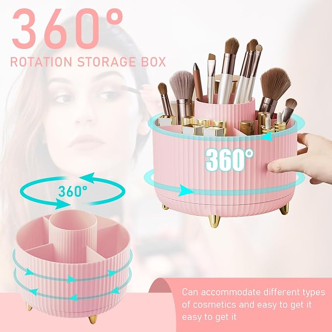 Diesisa Makeup Brush Holder Organizer,360° Rotating Makeup Brush Organizer,5 Slot Make up Brushes Cup for Cosmetics, Nail Polish, Art Supply, Bathroom Vanity Desktop Organizer - Pink