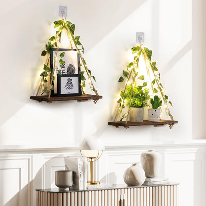 EXIN DECHEN Floating Shelves for Wall No Drilling,Wall Shelves,Hanging Shelf,Leaves and Light Strip with Flower,Set of 2 Plant Decor for Home Livingroom Bedroom,Led Room Decor Aesthetic,Gift