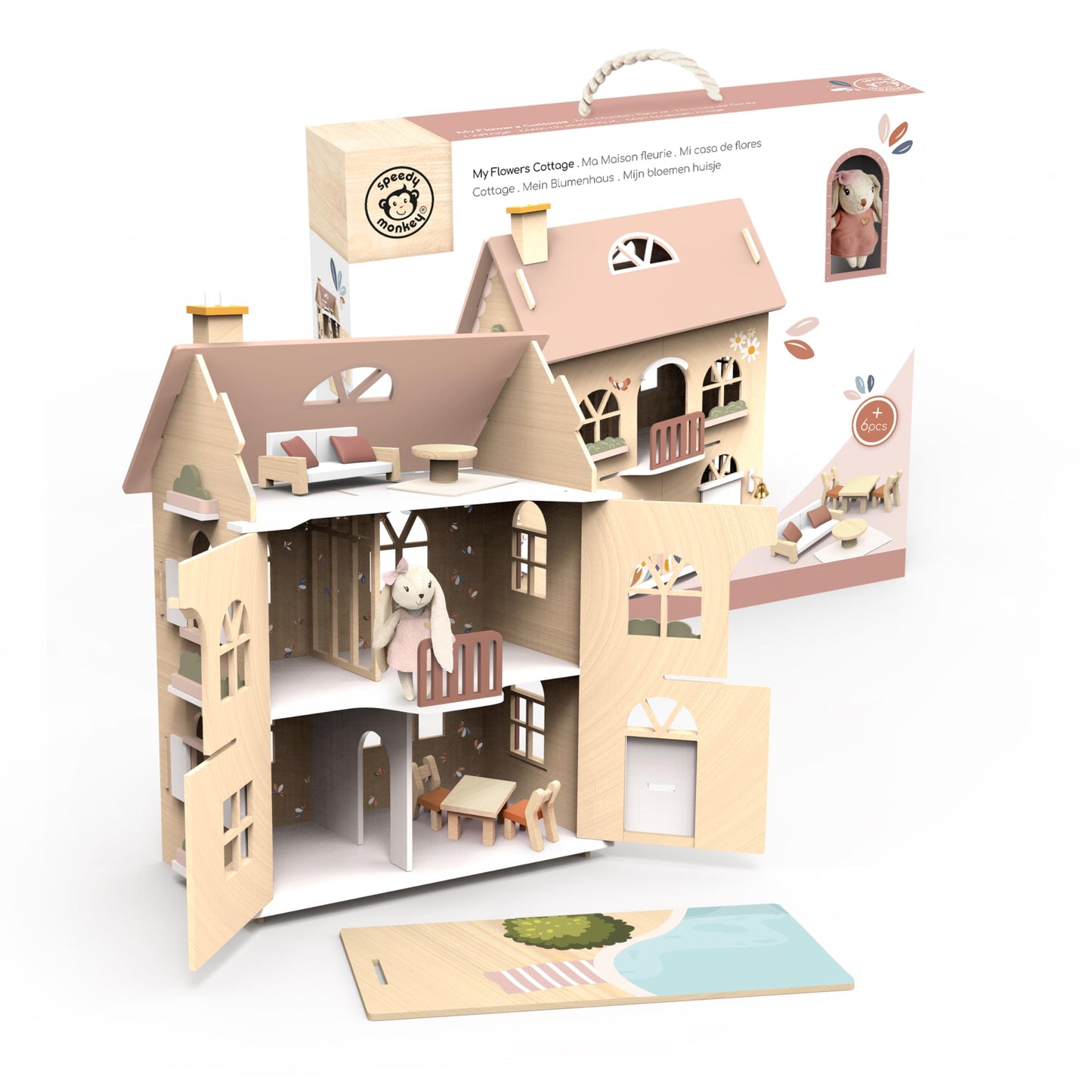 SPEEDY MONKEY Flowers Cottage Wooden Playset with Doll Pram & Doll Play Set | Wooden Baby Doll Stroller with Rabbit Baby Doll Playset with Feeding Accessories | Role Play Gift Set for Girls & Boys
