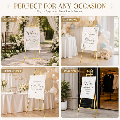 57.5" Gold Easel Stand for Wedding Sign, Heavy Duty Metal Display Stand, 4-Tier Height Adjustable Easel for Art, Paintings, Welcome Signs, Posters, and Décor, Simply Assembly Required