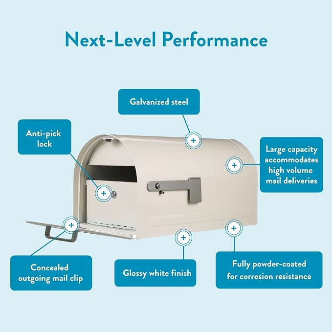 Architectural Mailboxes Reliant Locking Post Mount Mailbox, White, Large | Galvanized steel build with concealed secure lock and key and a magnetic door closure. USPS approved. Includes 2 keys.