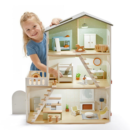Giant bean Modern Wooden Dollhouse with Lights & 37PCS Furniture Set – Nordic Style 3-Story Playhouse for Kids Age 3+, Natural Wood Montessori Doll House with Realistic Rooms, Gift for Girls & Boys