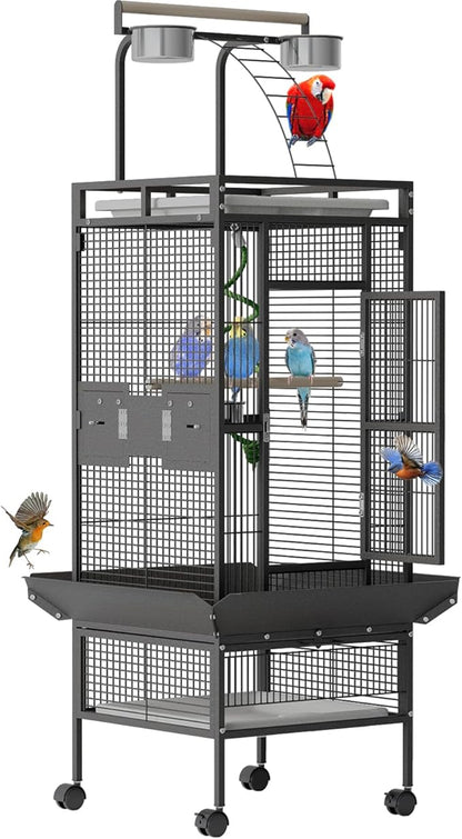 60 Inch Wrought Iron Large Bird Cage with Rolling Stand, Metal Parrot Cage with Play Top & 4 Stainless Steel Bowls for African Grey Cockatiel Sun Parakeet Green Cheek Conure Lovebird Budgie, Black