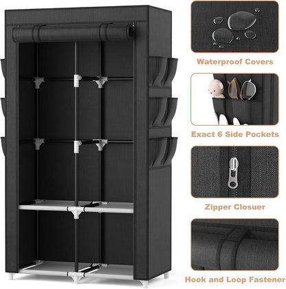 VTRIN Portable Closet Wardrobe Closet for Hanging Clothes with 4 Storage Shelves, 2 Hanging Rods and 6 Pockets, Stable and Easy Assembly Clothes Rack with Cover Free Standing Closet for Bedroom, Black