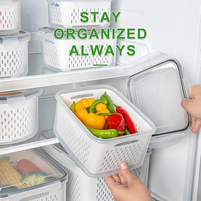8 PCS Fruit Storage Containers for Fridge, Leakproof Produce Containers for Fridge with Removable Colander, Microwave/Dishwasher Safe Fruit Washing Bowl Keep Fruits, Vegetables, Berry Fresh longer
