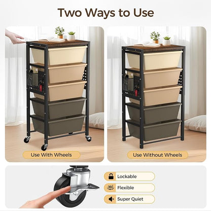 Rolling Cart with 5 Drawers, Plastic Drawer Storage Carts with Wheels & Wooden Tabletop, Metal Utility Cart with Pegboards, Office Living Room Classroom Craft Organization and Storage, Dark Brown