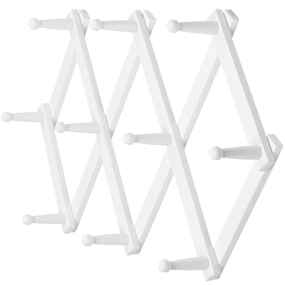 Dseap Accordian Wall Hanger: 16” High Wooden Wall Expandable Coat Rack, Hat Rack Holder, Accordion Hook for Baseball Caps, Coats, Mugs, 10 Peg Hooks, White