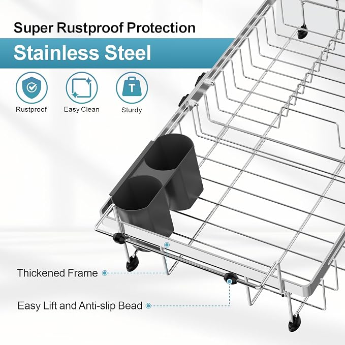 GSlife Dish Drying Rack Over the Sink - Expandable Stainless Steel Dish Drainer for Small Kitchen Apartment, Space Saving Sink Rack with Secure Lock Knob and Utensil Holder, Silver