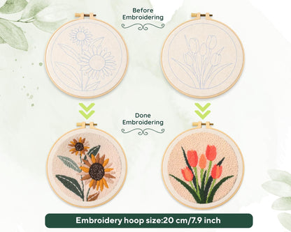 DS. DISTINCTIVE STYLE 2Pcs Embroidery Kits for Beginners,DIY Embroidery Starter Kit,Beginner Cross Stitch Kits for Adults with Instructions,Pattern,Yarns,Hoops,Threader Tools (Sunflowers&Tulips)