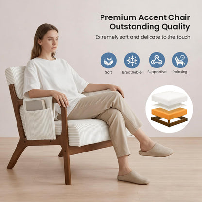DUMOS Mid Century Modern Accent Chair, Upholstered Armchair with Lumbar Pillow and Solid Wood Frame, Comfy Reading Chair for Small Living Room, Bedroom, Guest Room, Beige