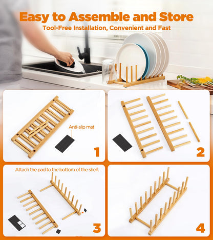 RISHTEN Bamboo Dish Drying Rack, 2 Pack Wooden Storage Holder Organizer for Plate/Bowl/Cup/Book/Pot/Lid/Cutting Board Drying Rack Stand Holder