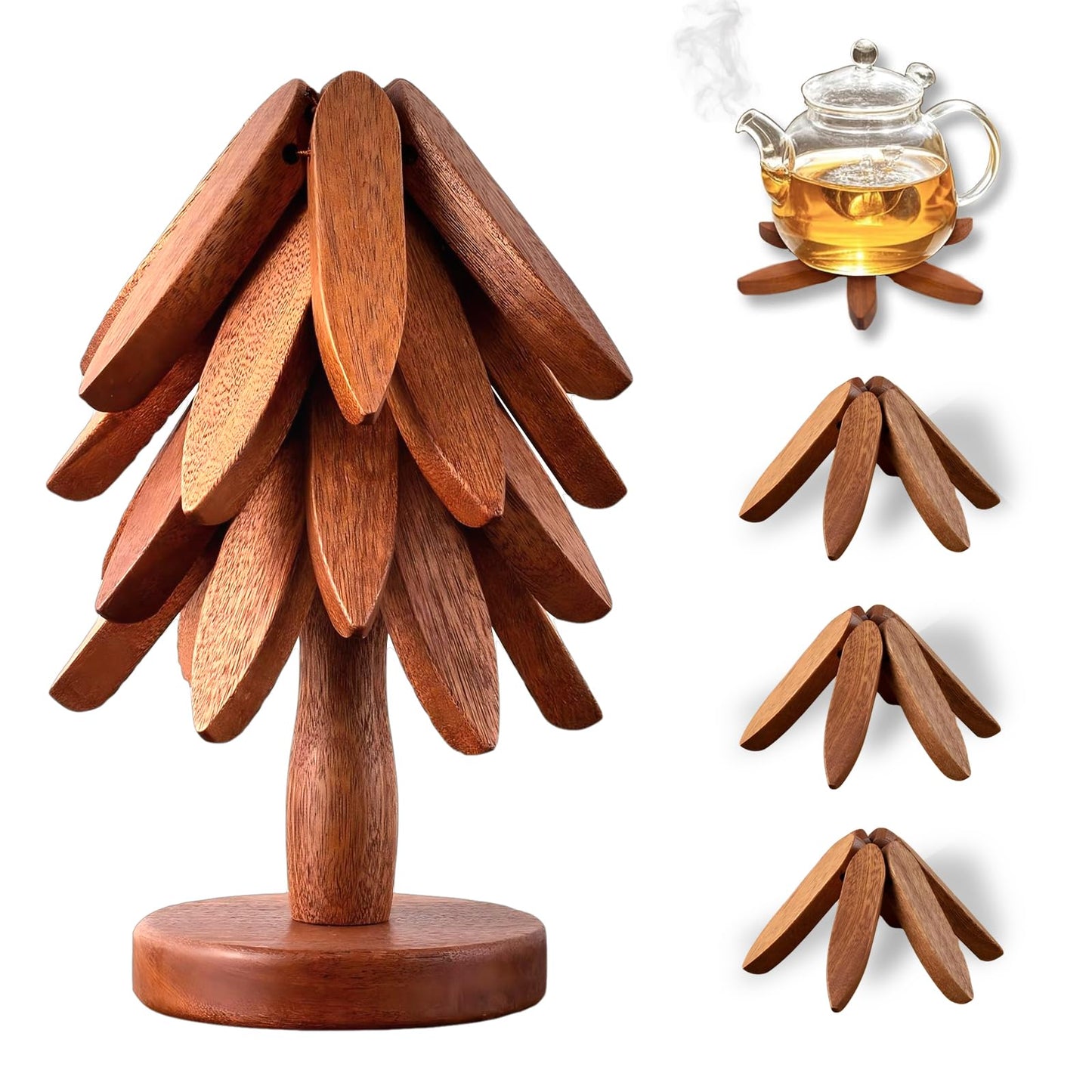 Wooden Trivets for Hot Dishes,Tree Trivet Set,Tree Coasters Set of 4,Treevet Coaster Set,Trivets for hot pots and Pans，4 treevot Coaster +1 Stand for Pot, Bowl, Teapot (Walnut Wood, 4Trivet)