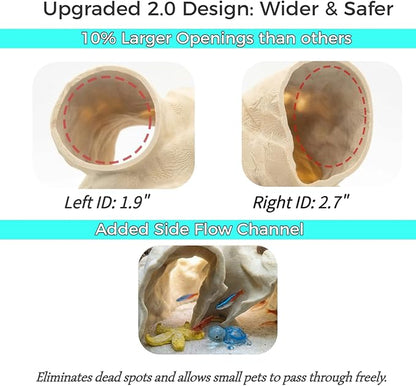 Large Aquarium Tunnel & Cave (9.5" L), 3D Printed Substrate Viewer Fish Hideout with Wide Top Entrances, Tank Decor for Small Fish, Corydoras, Betta & Shrimp - Set with 3 Mini Accessories (White)