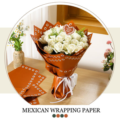 Fullhawl 20 Sheet Mexican Flower Wrapping Paper and 10 Pcs Feliz Dia De La Madre Cake Toppers Waterproof De Barro Brown White Floral Bouquet Wrap for DIY Gift Packaging Florist Supplies