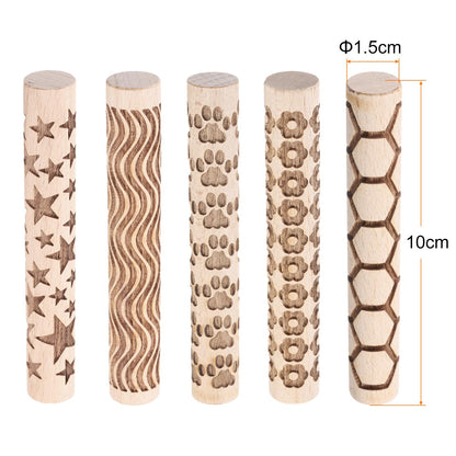 HARFINGTON 5pcs Wood Clay Roller 4"Lines Flower Paw Print Hexagon Star Pattern Rolling Pins Pottery Tools Wood Grain Texture Rollers for Clay Baking Dough Playdough DIY