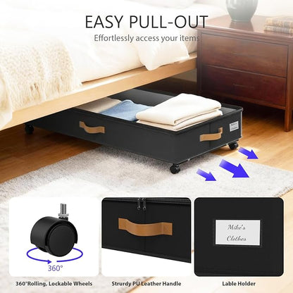 Under Bed Storage with Wheels 2-Pack, 75L XXL Under the Bed Storage Containers Large, 12" Tall Adjustable Storage for Underbed with Lids, Rolling for Clothes, Shoes, Blankets (4PCS-Black)