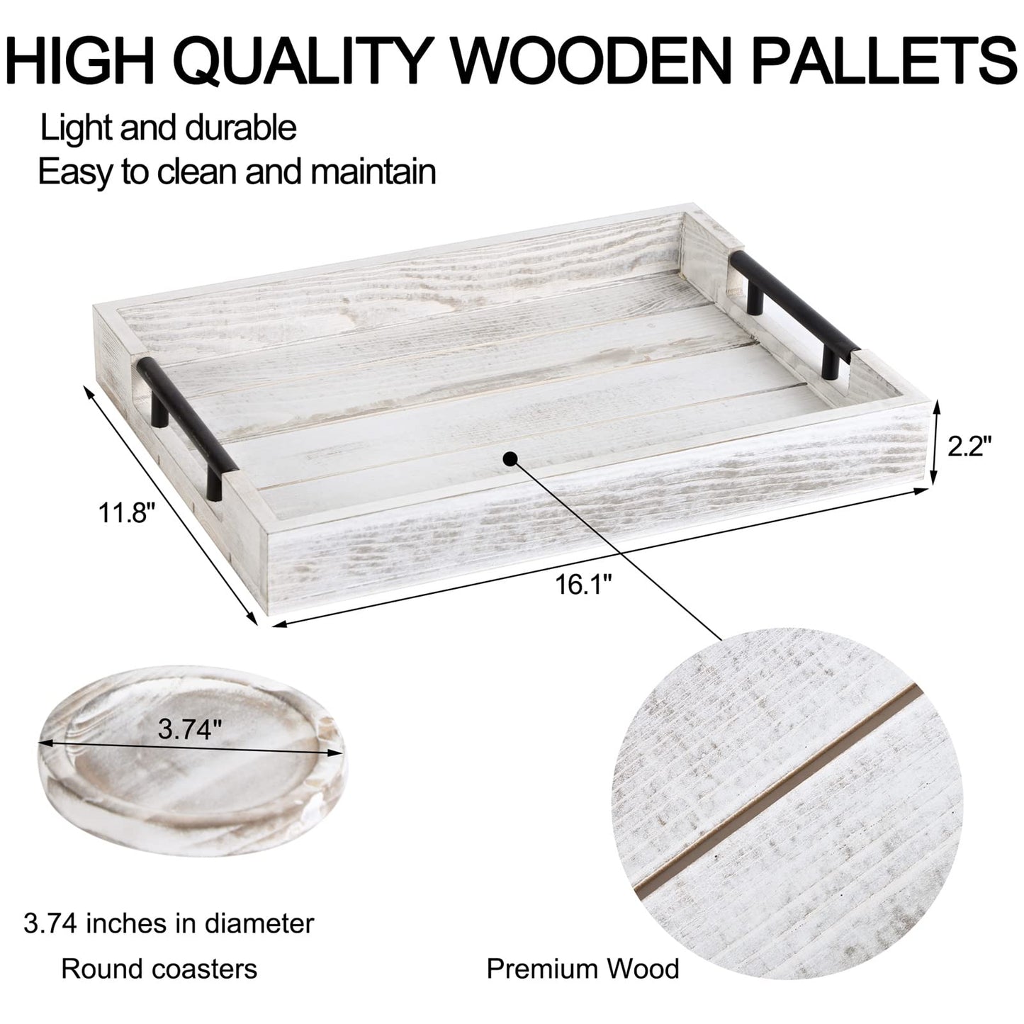 Wooden Serving Ottoman Tray With 4 Coasters, Breakfast Tray With Handles, Home Decor for Living Room, Coffee Table