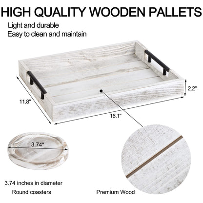 Wooden Serving Ottoman Tray With 4 Coasters, Breakfast Tray With Handles, Home Decor for Living Room, Coffee Table
