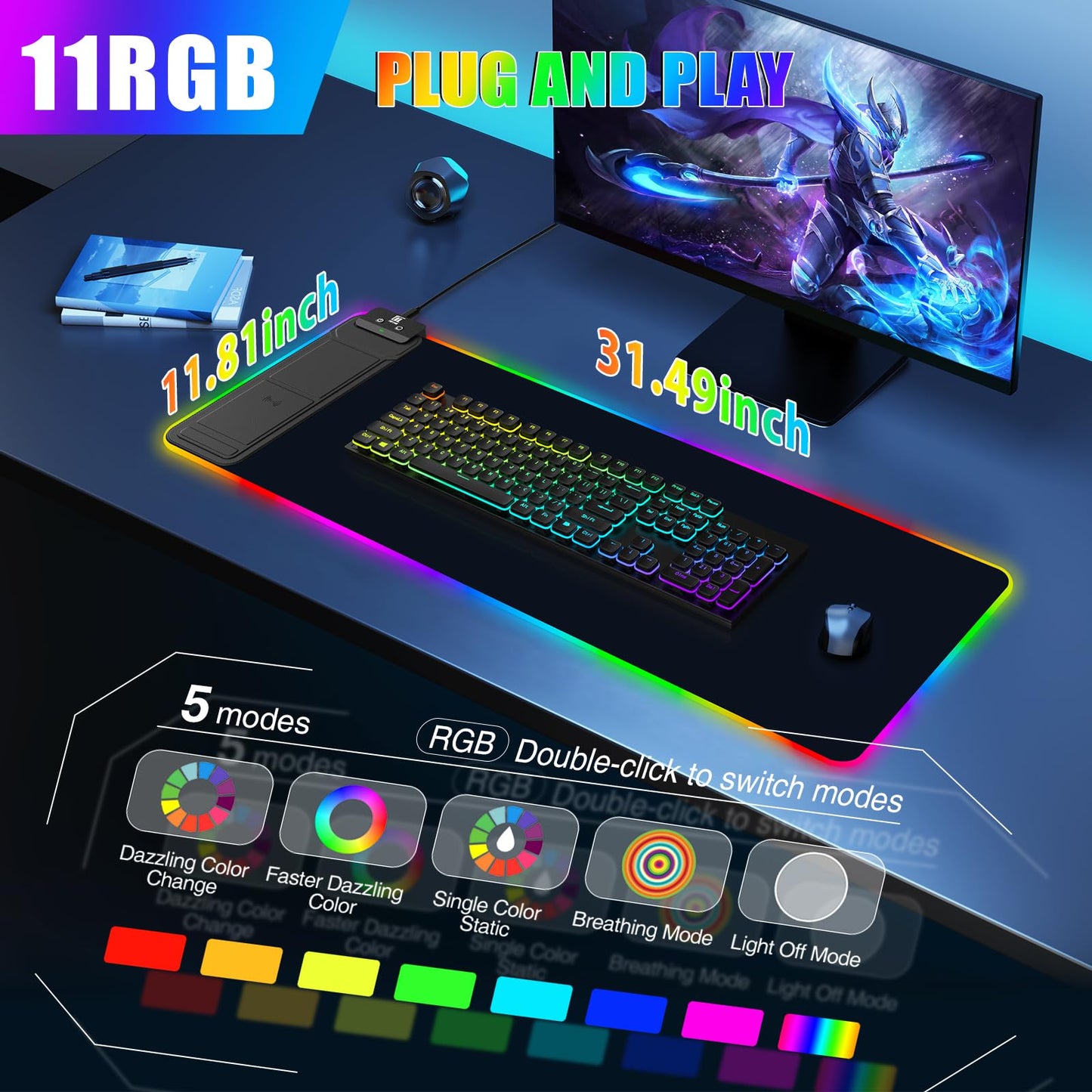 Mouse Pad with Wireless Charging, Large Desk Mat RGB Gaming Mousepad, 10 Light Colors LED Gaming Pad Keyboard Pad with Ultra-Smooth Surface & Non-Slip Rubber Base, Waterproof Full Desk Mouse Pad