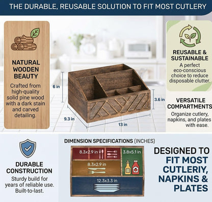 Mystery Magic Wooden Paper Plate & Cutlery Organizer Kitchen Countertop Hold Plates, Cups, Napkins, Forks & Spoons Farmhouse Rustic Tableware Organizer
