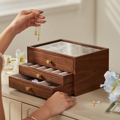 Homruilink Black Walnut Wooden Jewelry Box with Blue Floral Glass Lid for Women, large 3 Layer Drawer Organizer Box for Necklaces, Watch, Necklace, Ring, Earring Storage, Fathers Day Gift