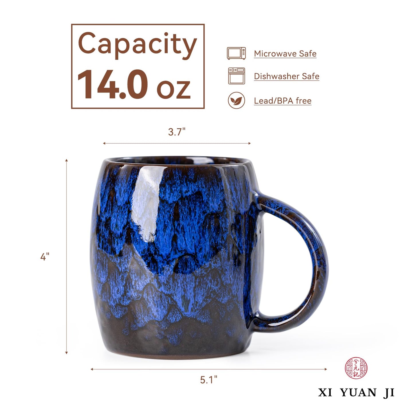 XIYUANJI Midnight Blue Ceramic Coffee Mug 14oz - Handcrafted Artisan Mug with Large Comfortable Handle, Unique Design for Coffee Lovers, Dishwasher Safe