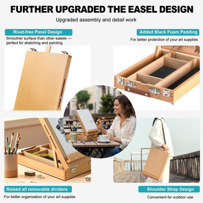 Beechwood Tabletop Easel for Painting, Portable Adjustable Sketchbox Art Easel Stand with Detachable Shoulder Strap for Beginners and Art Lovers