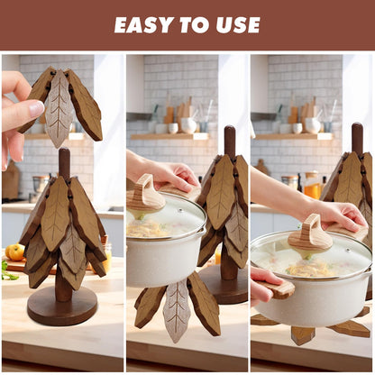 Wooden Heat Insulation Pad— 4-Piece Tree-Shaped Pot Holder Set Suitable for Pots, Plates, and Cups Features Pine Tree Decor for Storage Eco-Friendly and Easy-to-Clean Kitchen Accessories