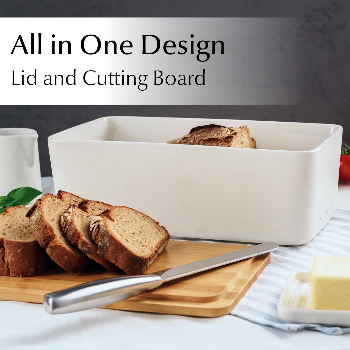 MIAMIO – Bread Box for Kitchen Countertop/Ceramic Bread Box with Cutting Board, Bread Container with Bamboo Lid, 12.6 x 7.9 x 4.5 inches