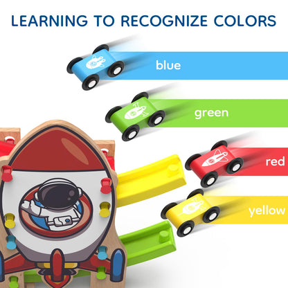Letoiz Wooden Race Track for Toddlers 2-4, Rocket-Themed Car Ramp Racer Toy with 4 Cars, Bell Sound Zigzag Playset, Fine Motor Skills, Birthday for Boys and Girls