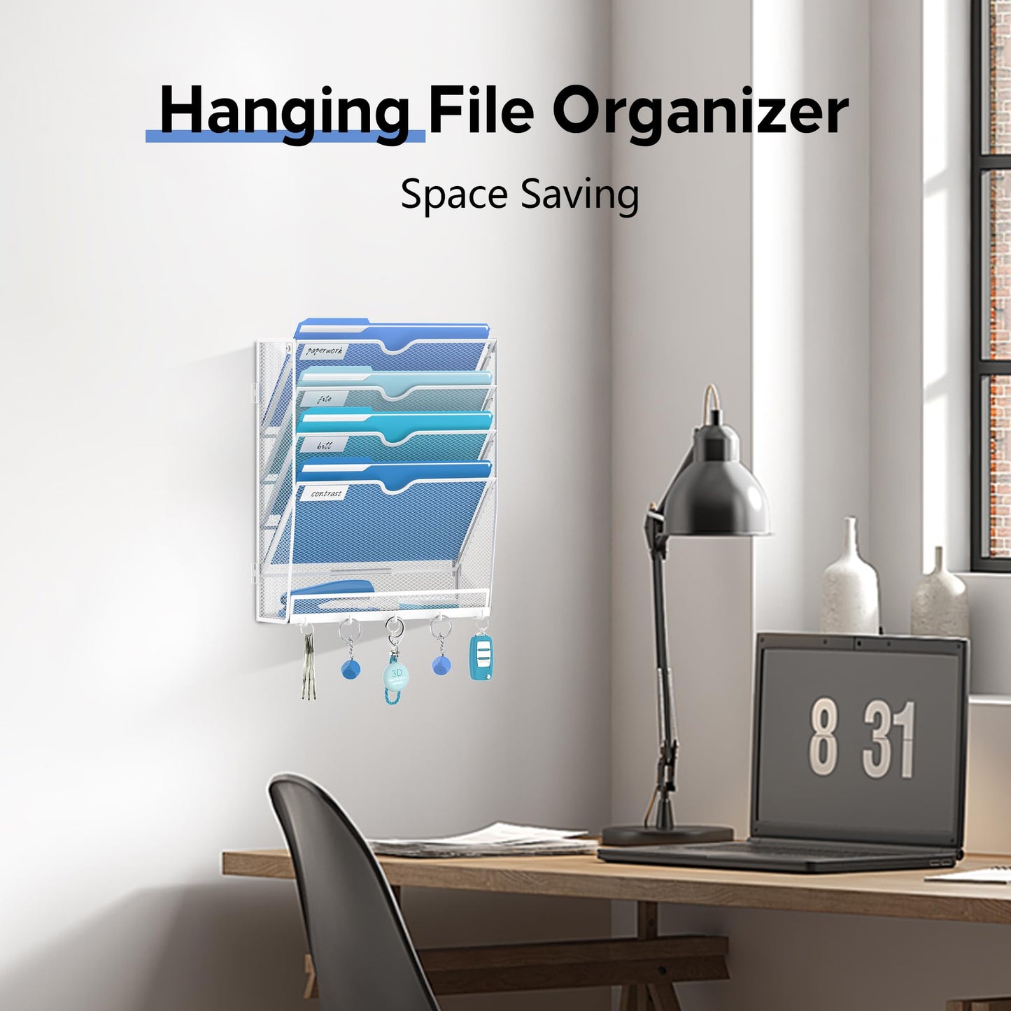 JMHUD 5 Tier Wall File Organizer - Hanging File Organizer with 5 Hooks, Mail Holder Wall Mounted for Papers, Folders, Magazines, Bills, Office&School Organization, White