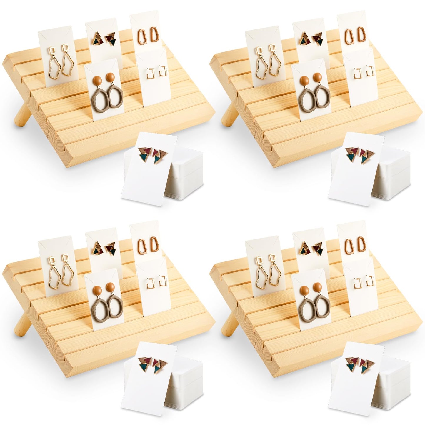 Marsui 124 Pcs Wood earring card display wooden earring display stand 4 Set Jewelry stand holder with Card for Jewelry Selling(Wood Color)