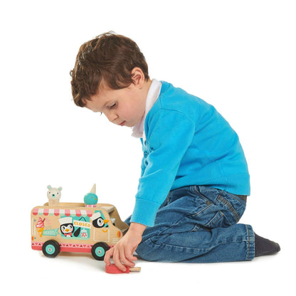 Tender Leaf Toys - Penguin’s Gelato Van - Food Truck Style Pretend Food Play Ice Cream Wooden Vehicle - Encourage Role Play and Develops Social Skills for Children 18m+