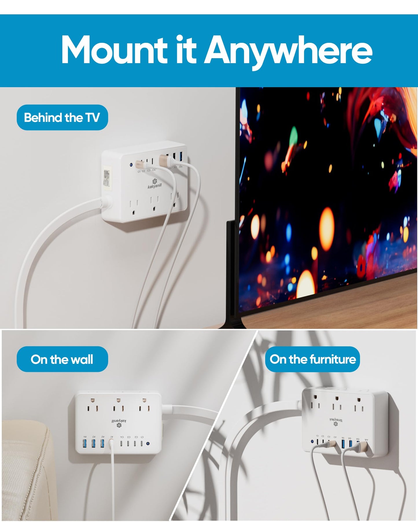 Kakyanill 100W Charging Station, 6 AC Outlets 8 USB Power Strip with 2000J Surge Protector, 5ft Flat Plug Extension Cord, Compact for Desk Home Office Dorm, White